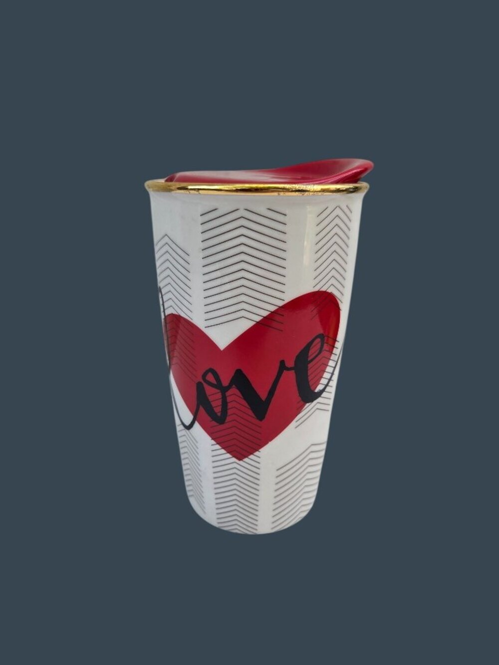 Starbucks Love Ceramic Tumbler With Lid 12oz White Red & Gold 2015 Valentines Da